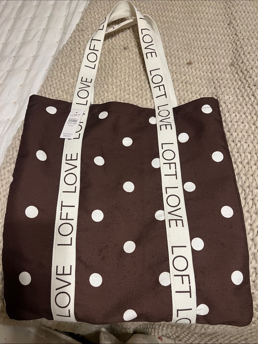 LOFT Brown Polka Dot Tote with Branded Cream Straps